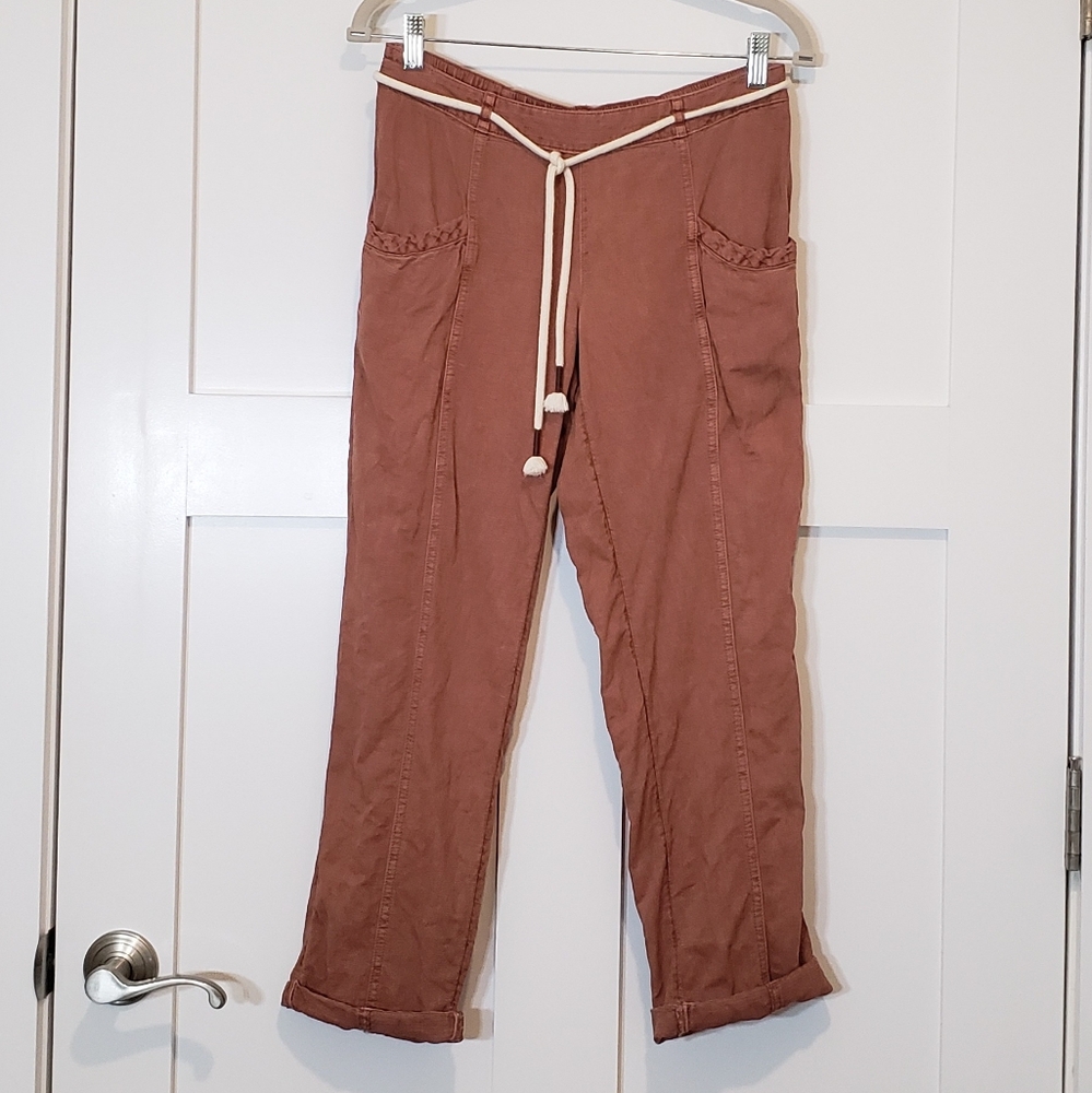 C&C California Linen Tencel Capri Pants  Size Small Belted Cinnamon Rust Boho